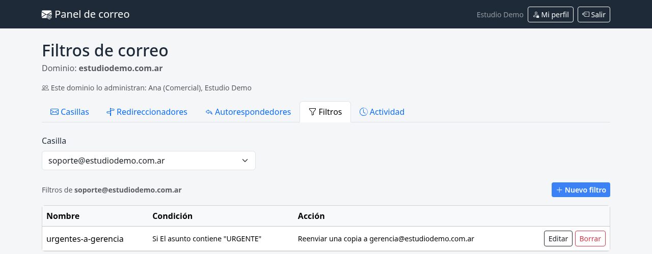 Filtro de correo por asunto, con reenvío de copia a otra dirección
