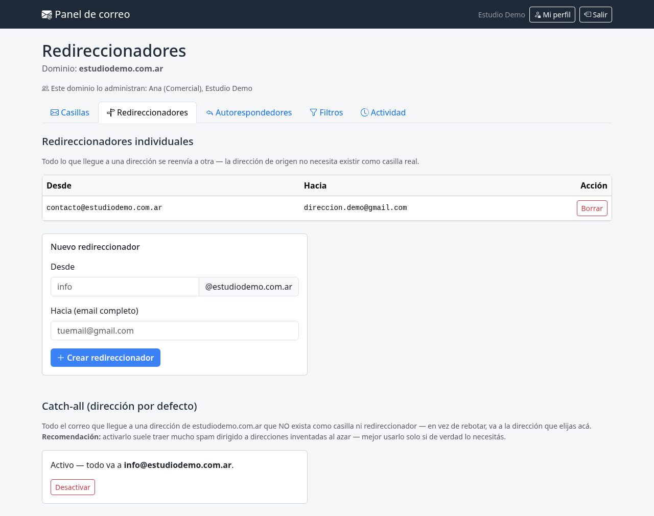 Redireccionadores individuales y catch-all del dominio
