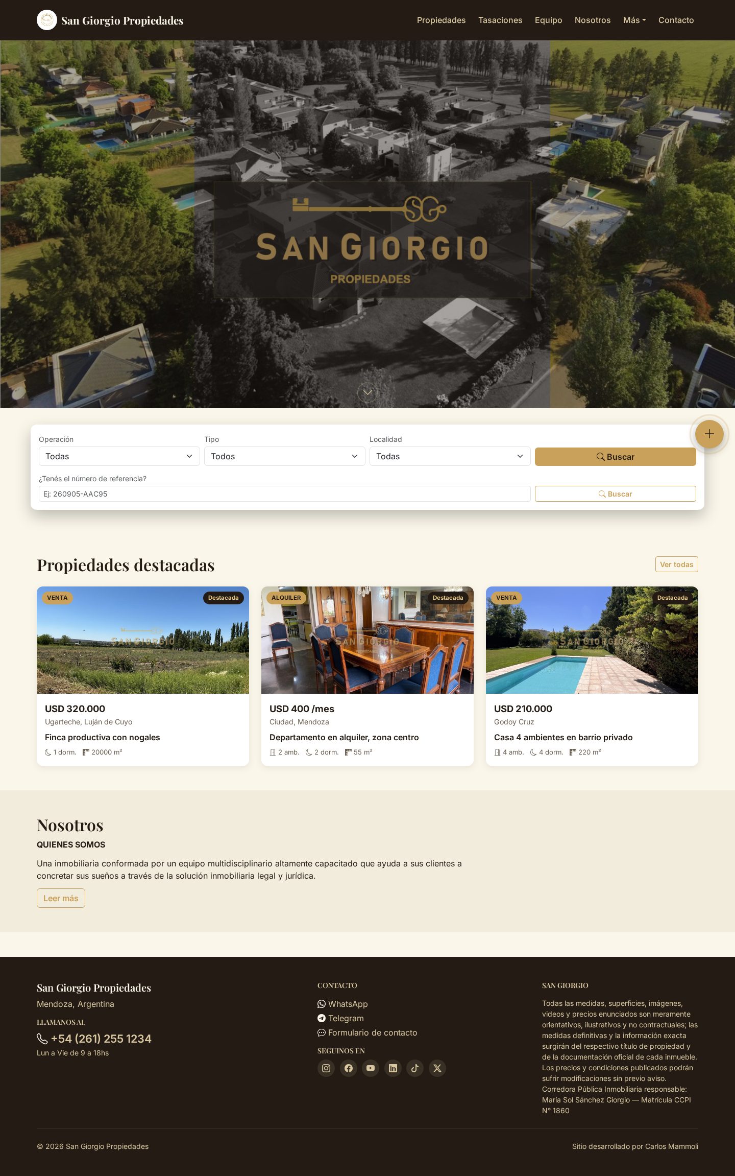 Portada de San Giorgio Propiedades, con hero fotográfico y buscador de propiedades
