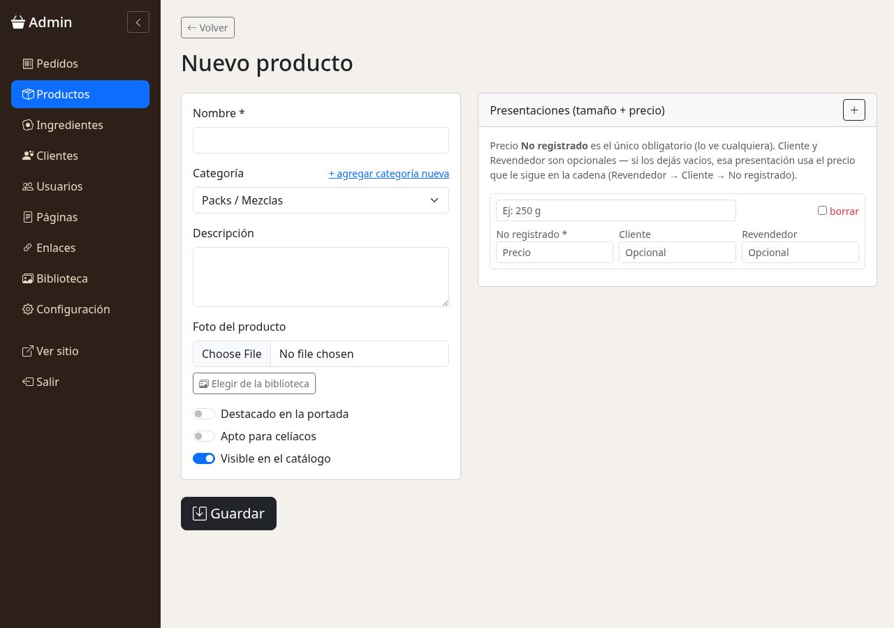 Formulario de alta de producto con precios diferenciados por tipo de cliente