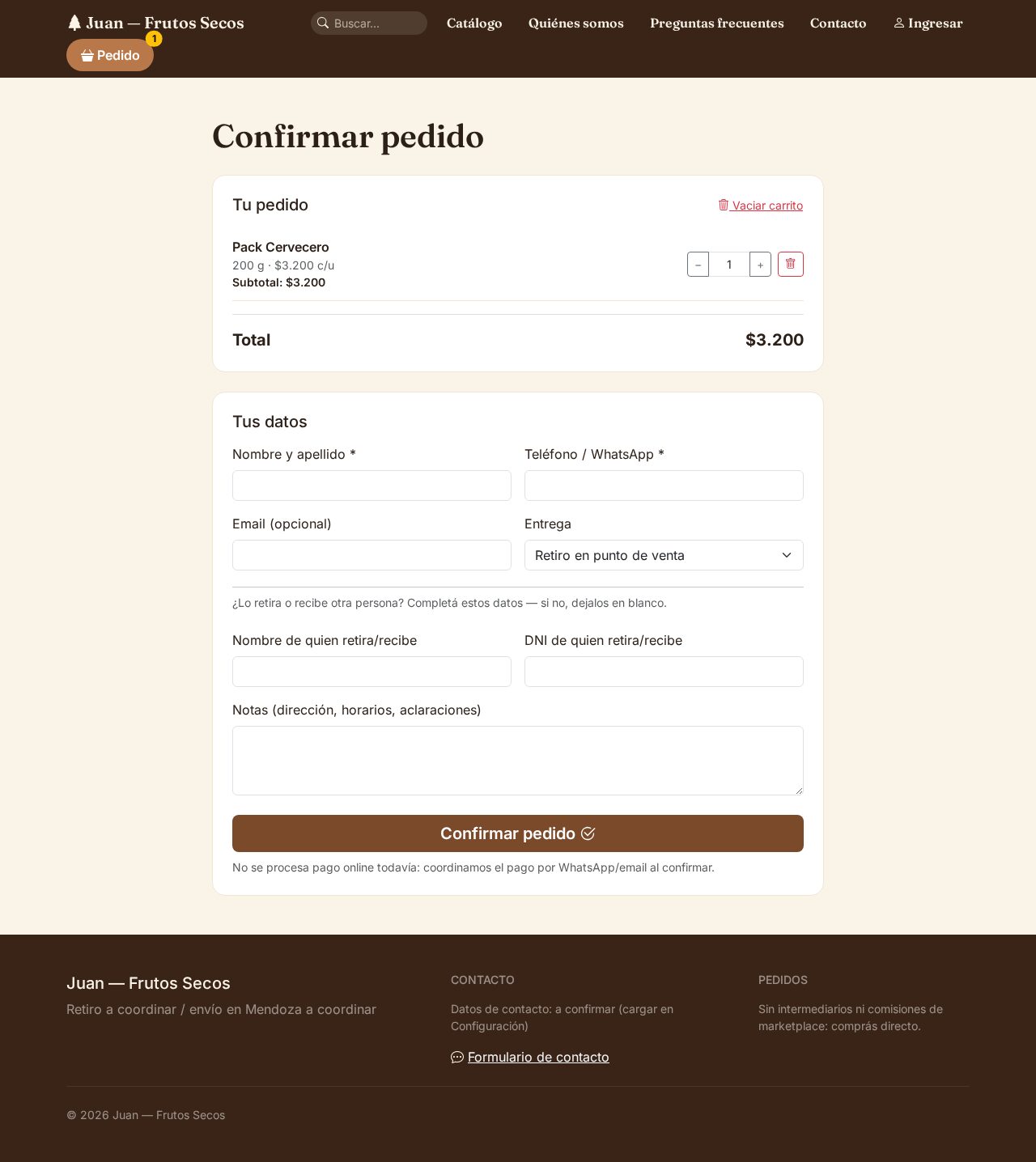 Formulario de confirmación de pedido, con datos de contacto y entrega