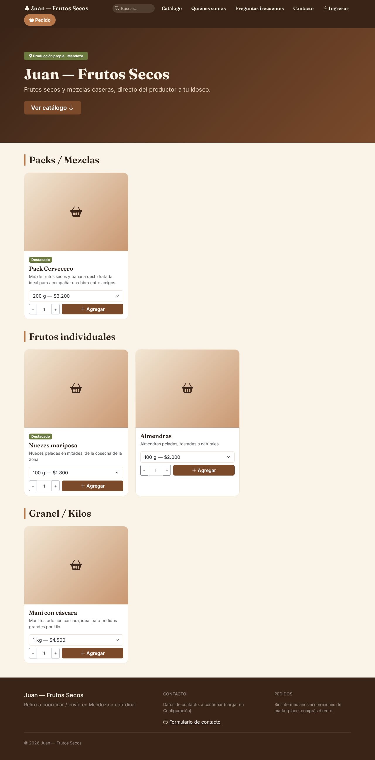 Portada de la tienda con catálogo organizado por categorías: packs, frutos individuales y granel